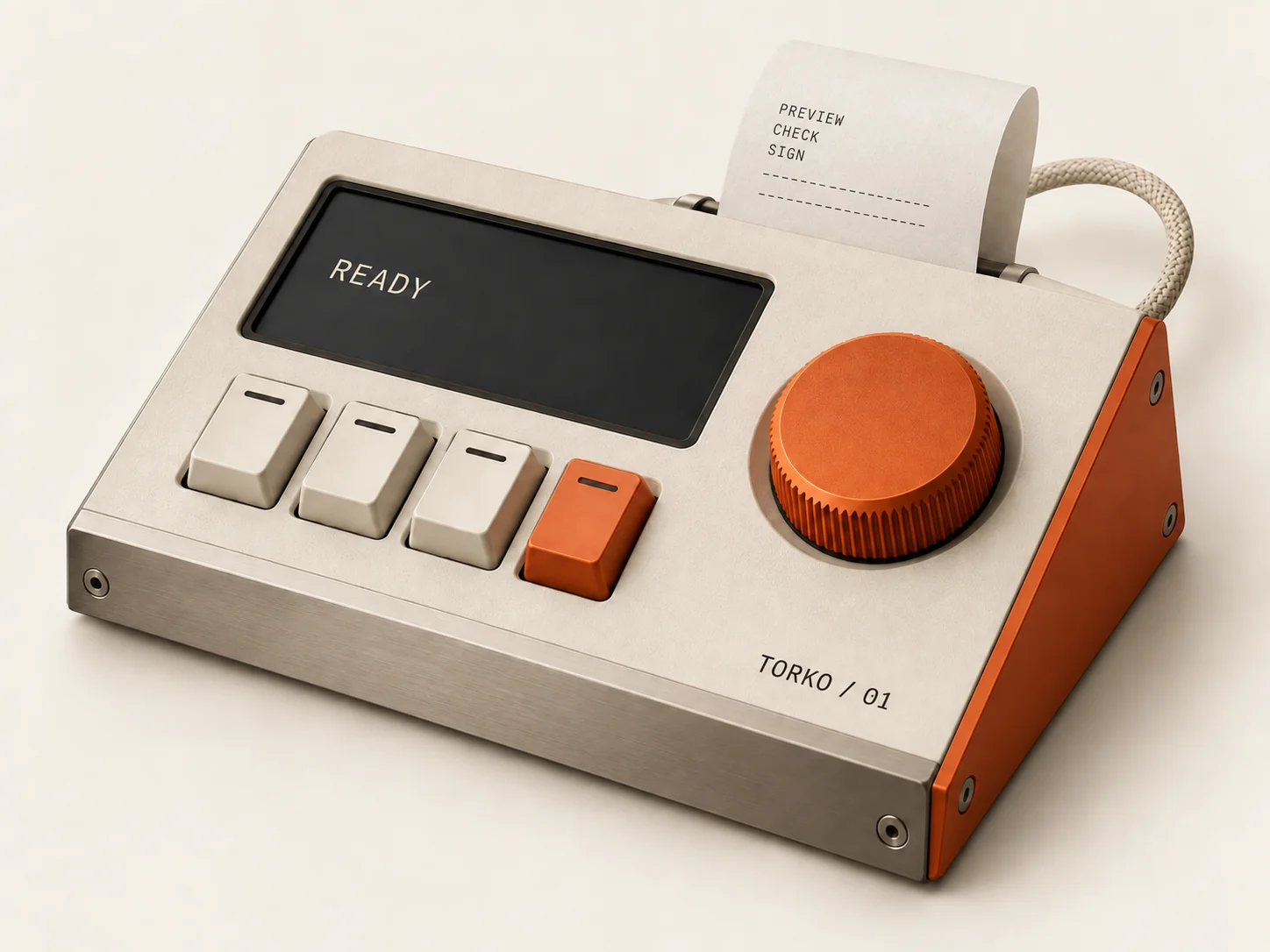 TORKO concept instrument: ivory casing, orange rotary control, dark display and a paper command receipt